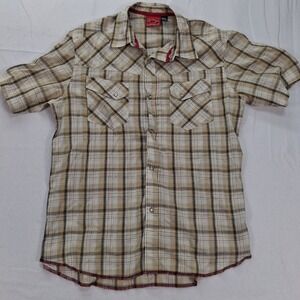 Quiksilver Shirt Mens Large J309106 Tan Black Plaid Western Snap EUC